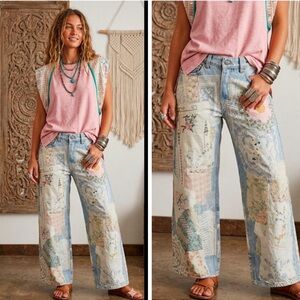 Wide Leg Patchwork Jeans - Pink & Multi, Veveret, Size L, 16” waist laying flat